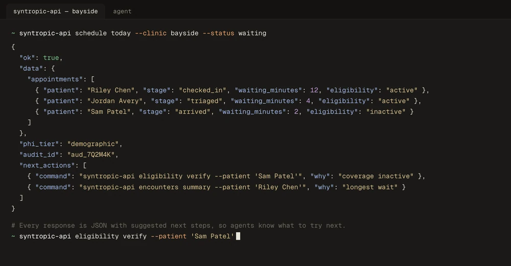A terminal running syntropic-api. The JSON response lists waiting patients, the PHI tier, an audit ID, and suggested next commands.