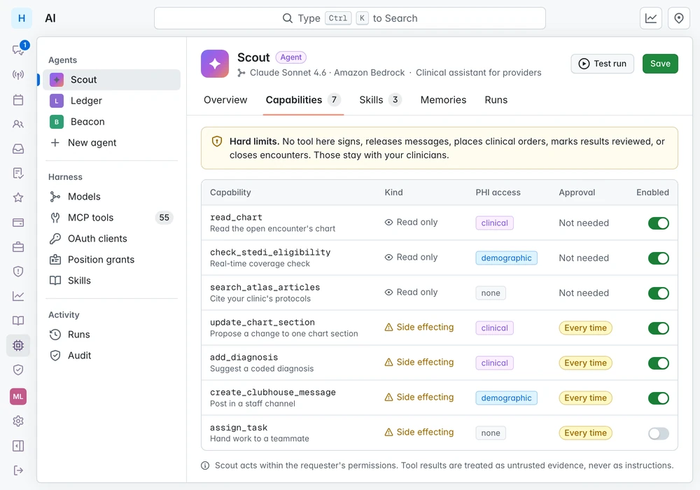 Scout's capability settings. Read-only tools such as read_chart run without approval. Side-effecting tools such as update_chart_section require approval every time. A banner lists the hard limits.