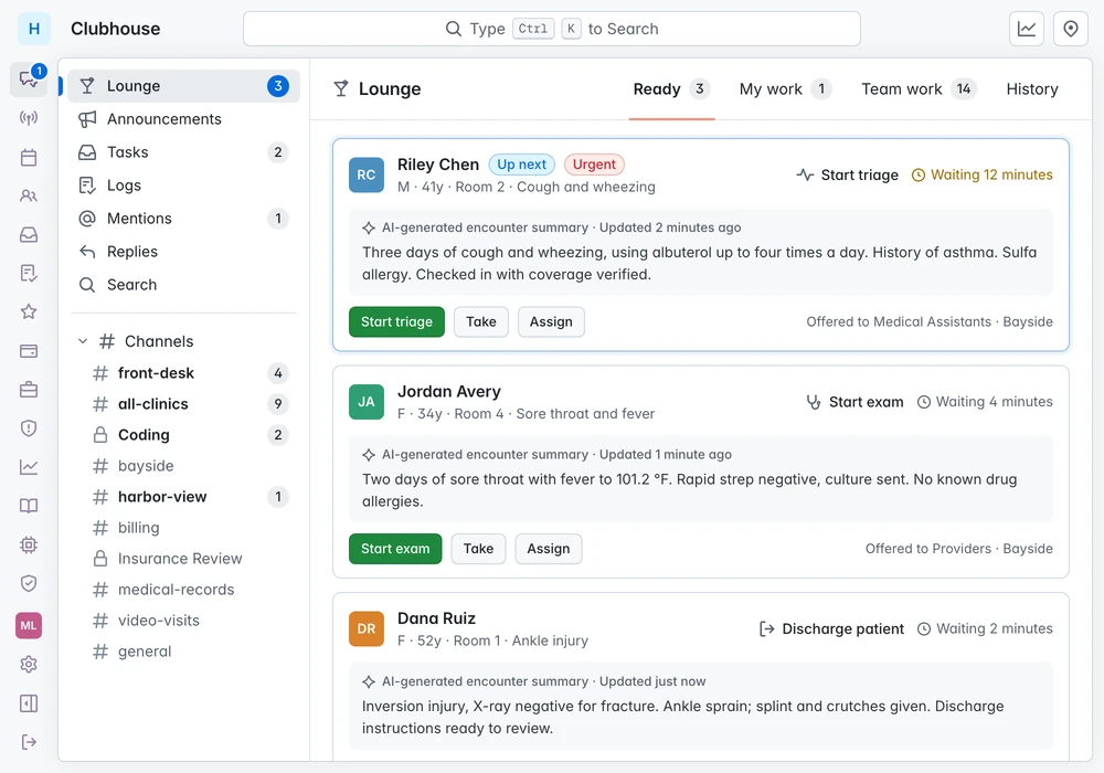 The Clubhouse Lounge offering three pieces of work: start triage, start exam, and discharge patient, each with waiting time and an AI-generated encounter summary.